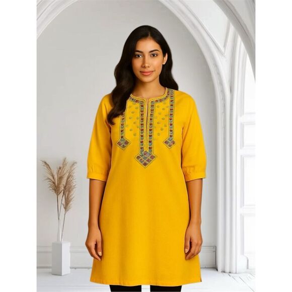 Bright Mustard Yellow Gold Embroidered Kurti Tunic Dress – Boho Style, Above Kne - Picture 1 of 9